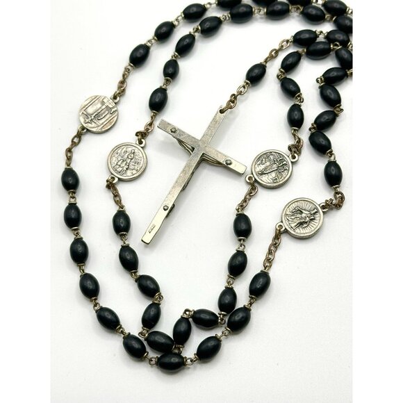 Italy Black Beaded Silvertone Rosary 25.5” - Picture 7 of 7